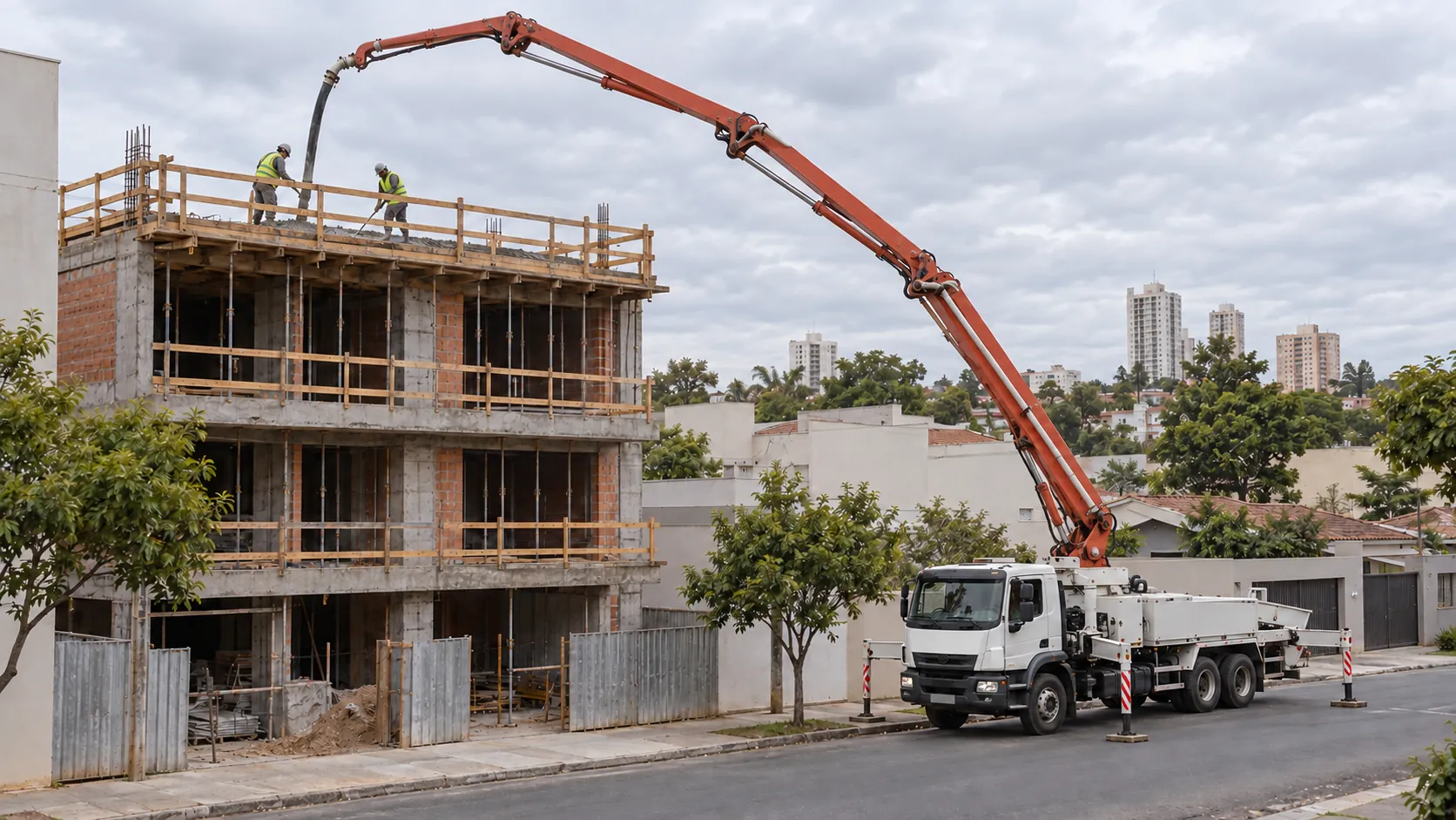 Bomba lança levando concreto até a laje do terceiro pavimento de um prédio