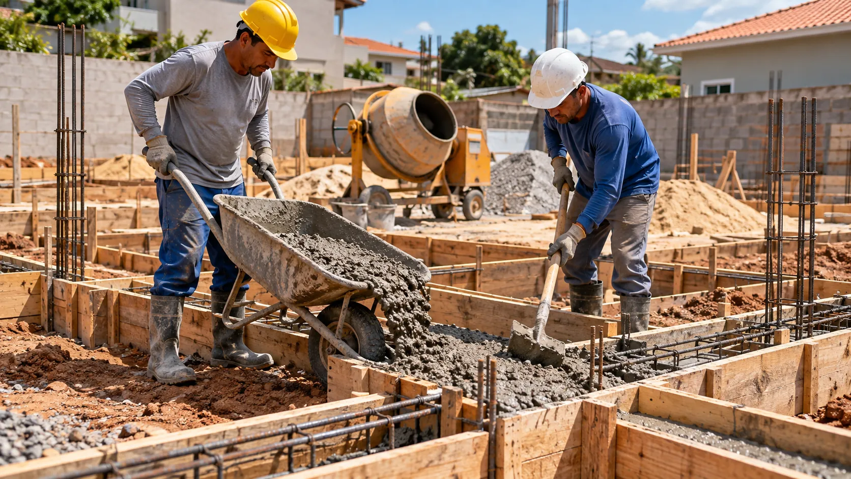 Operários levando concreto no carrinho de mão para a fundação, com betoneira ao fundo