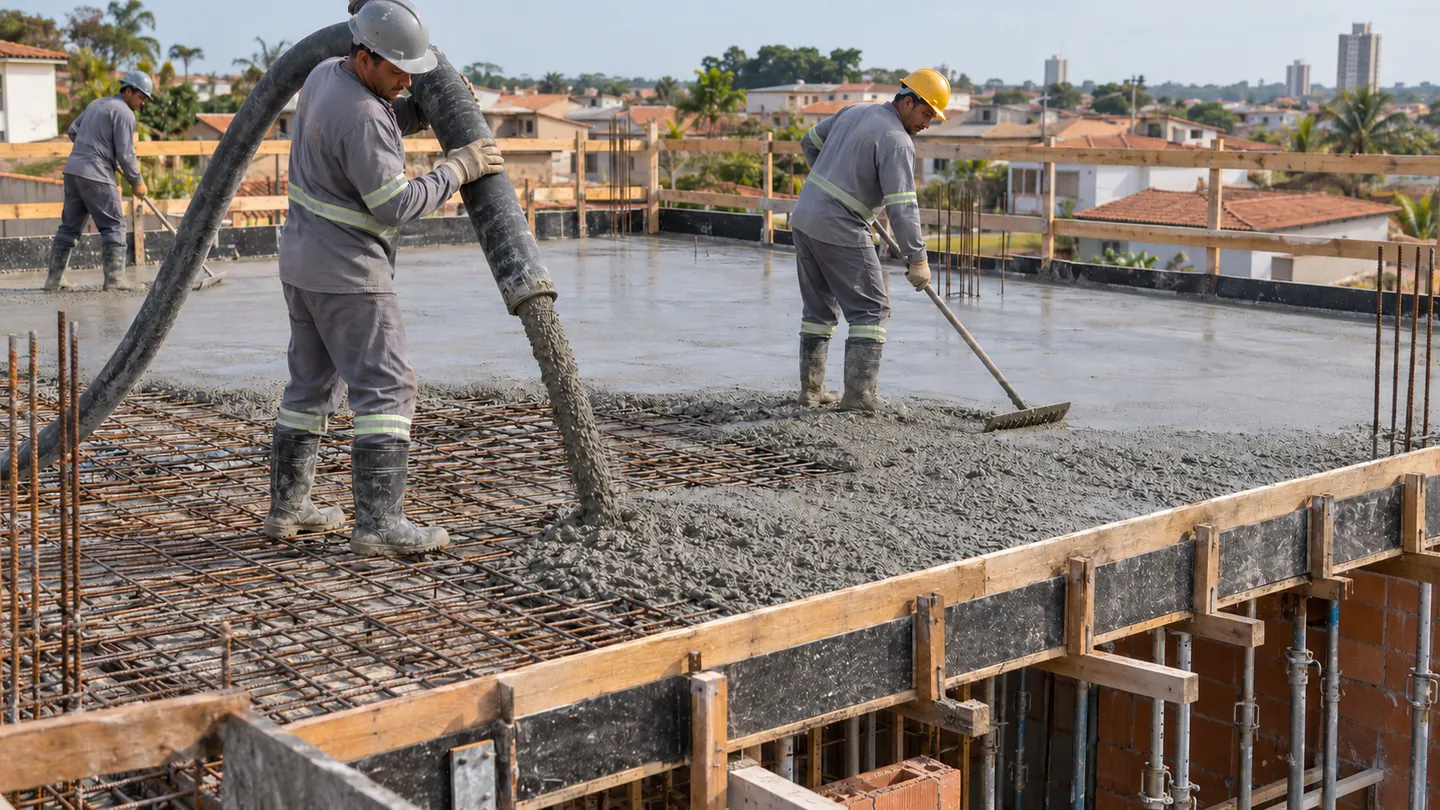 Equipe lançando e espalhando concreto sobre laje armada