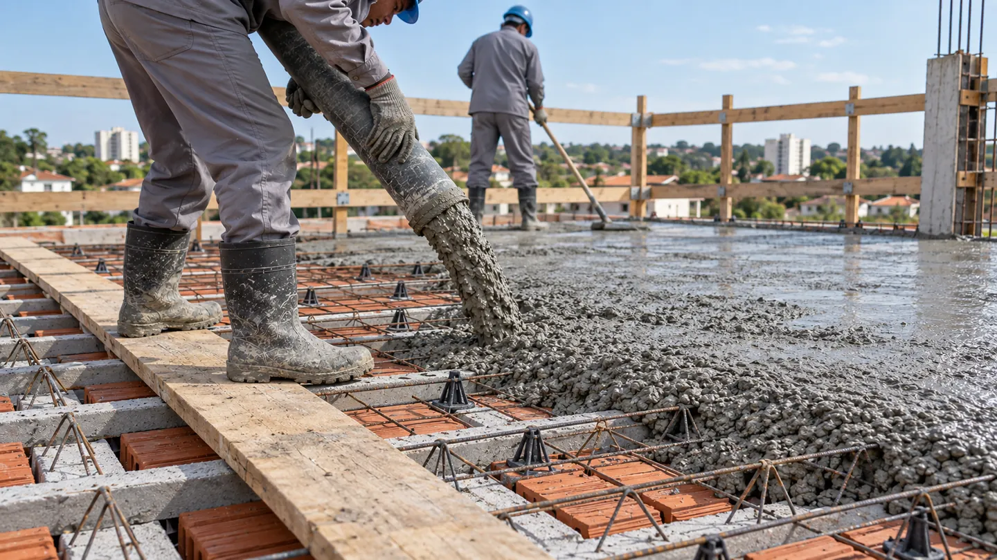 Concreto lançado sobre laje treliçada com lajotas e passarela de tábuas