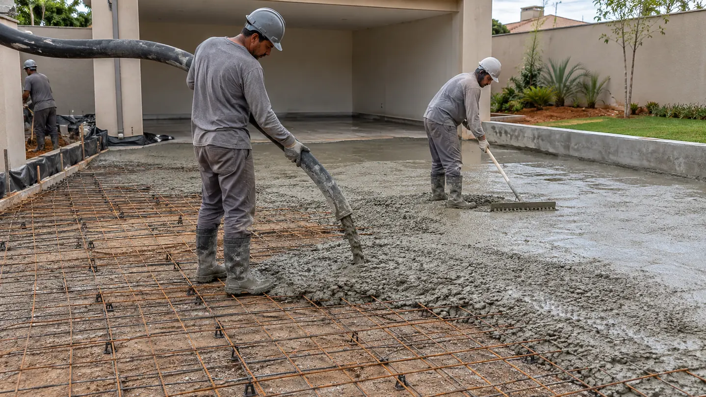 Concreto lançado com mangote sobre a armadura do piso de uma garagem