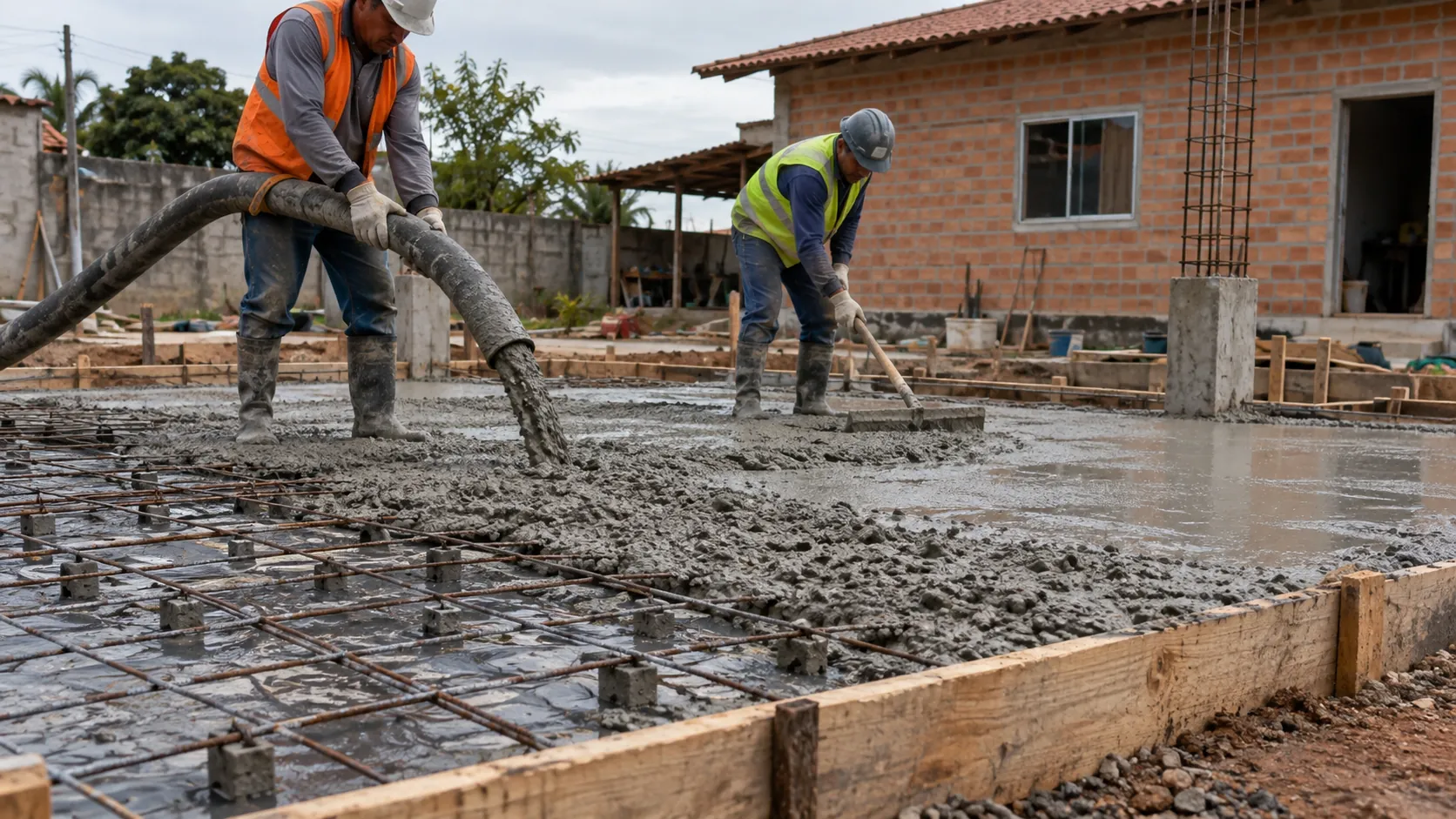 Concreto lançado com mangote sobre armadura de laje e arranques de pilar
