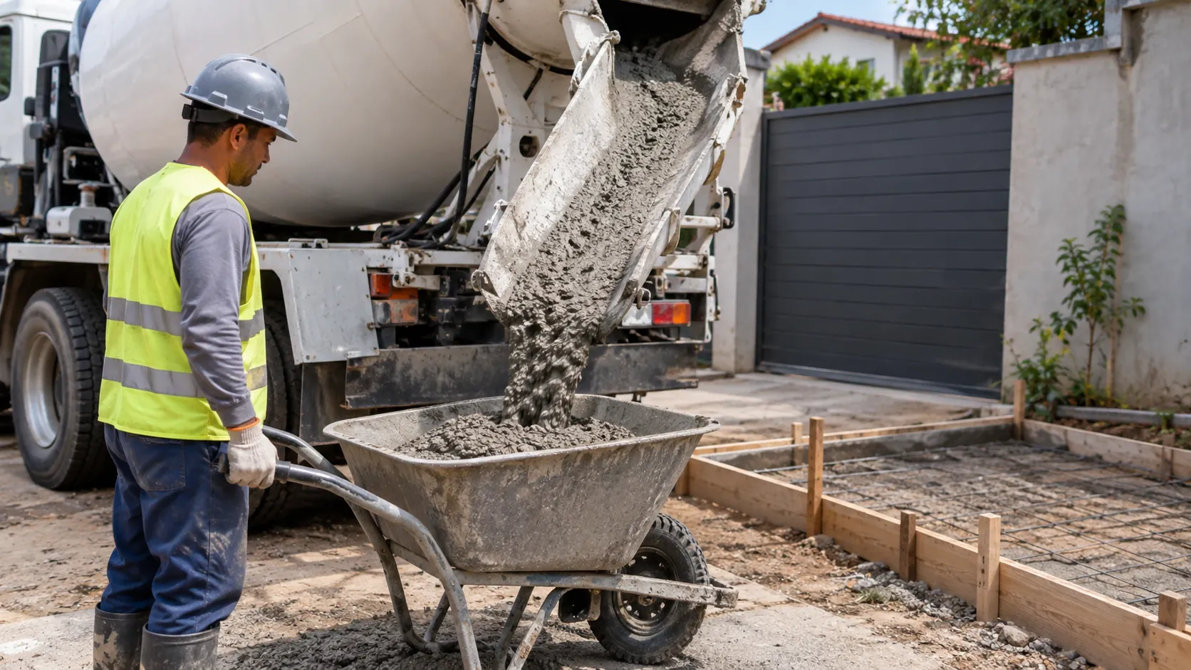 Betoneira enchendo carrinho de mão com concreto para pequena obra residencial