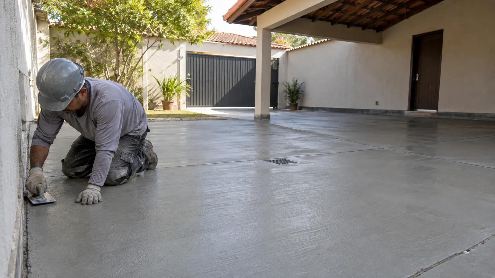 Operário fazendo acabamento no piso de concreto de uma garagem