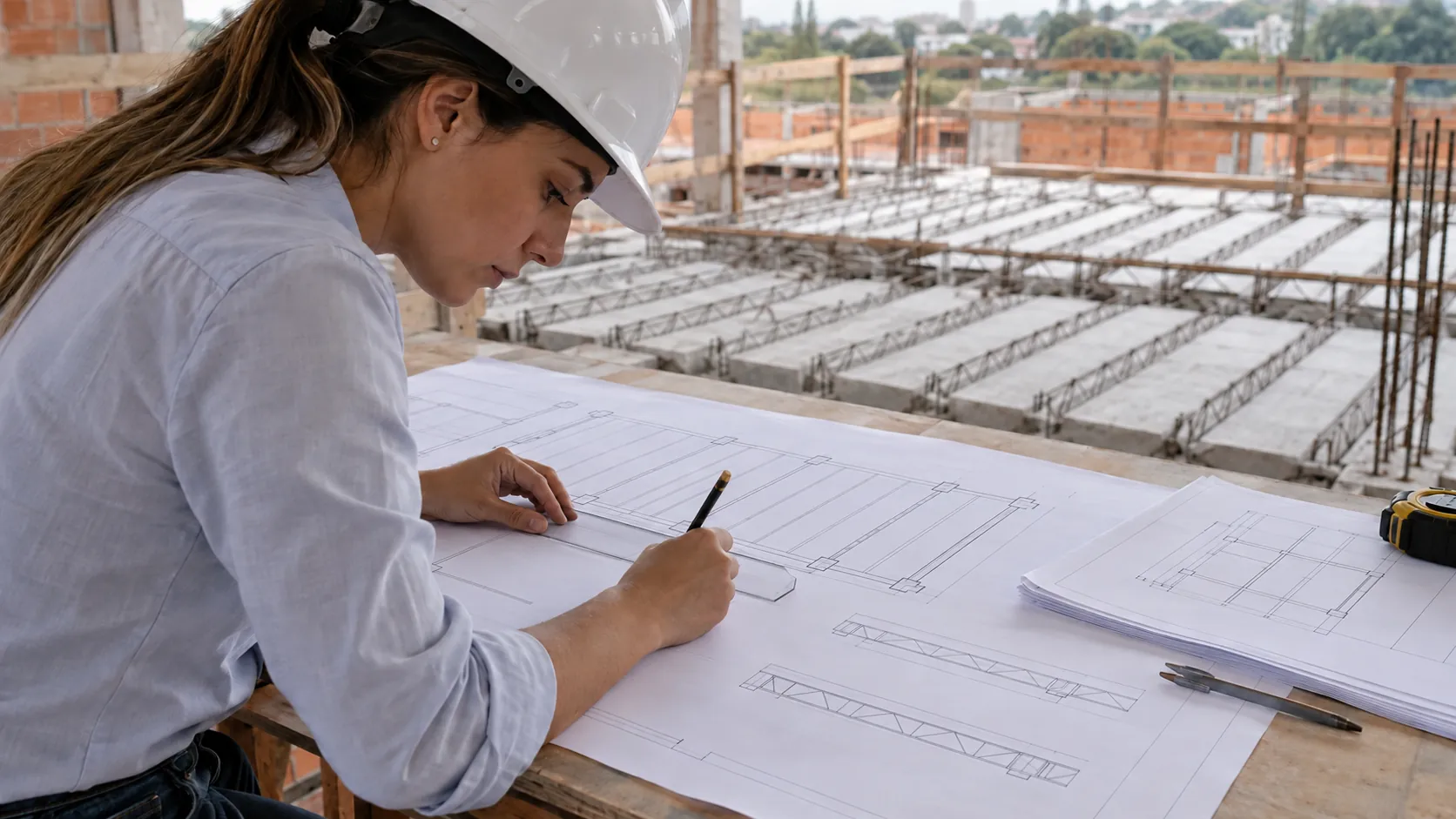 Engenheira desenhando o projeto da laje com peças pré-fabricadas ao fundo