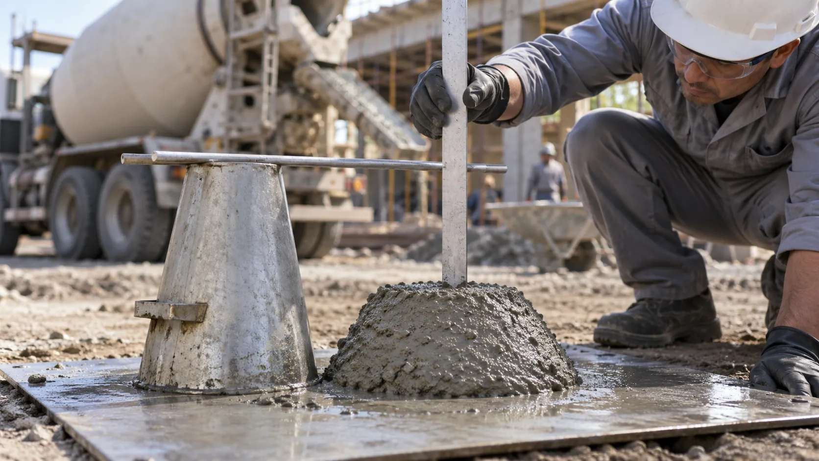 Teste de abatimento do concreto com cone metálico na obra
